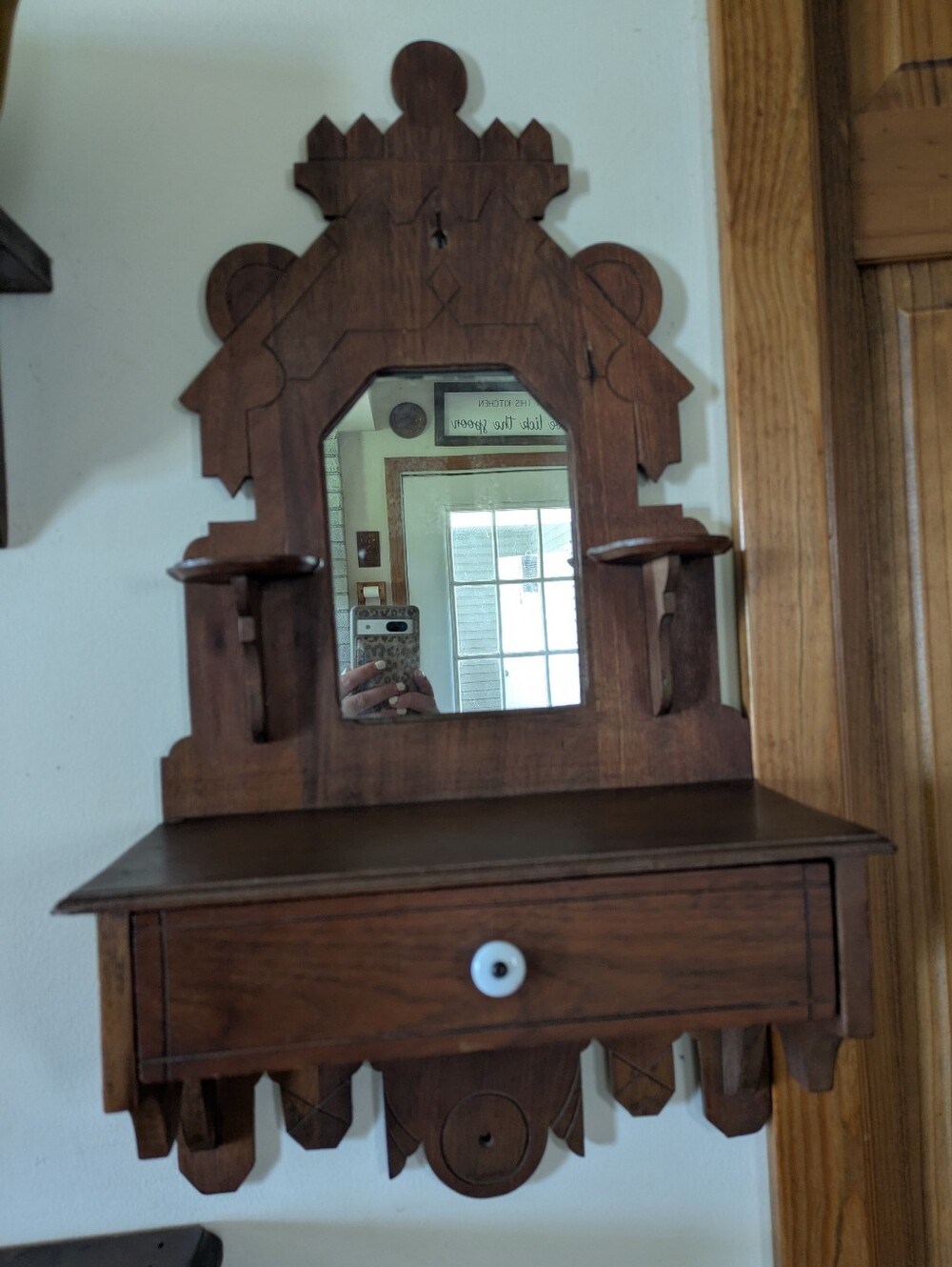 Antique Eastlake Victorian Walnut Wall Mirror Shaving Stand Comb Case - Picture 11 of 11